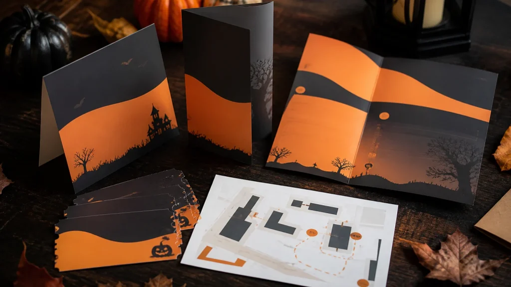Halloween print pack with invitations, guest information leaflets and entry cards arranged for an event