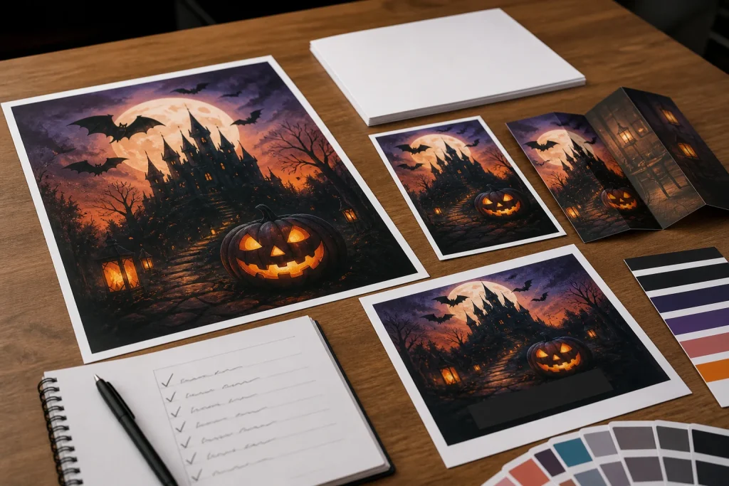 Halloween printing proofs arranged around a campaign approval checklist
