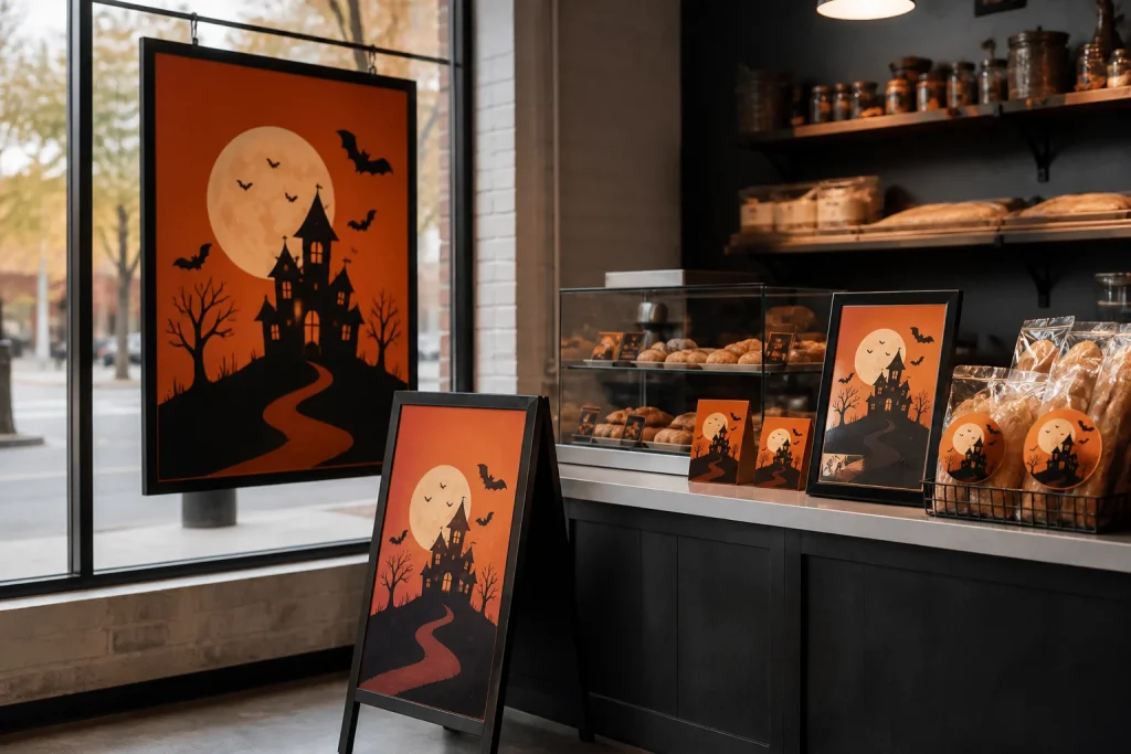 Halloween printing used consistently across a retail poster, menu, stickers and sign