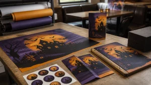 Coordinated Halloween printing materials including a poster, leaflet, menu and display sign