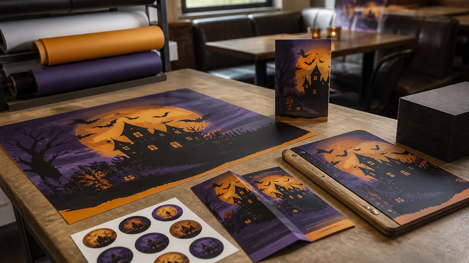 Coordinated Halloween printing materials including a poster, leaflet, menu and display sign
