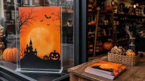 Halloween promotional flyers for shops displayed in a retail window and on a counter