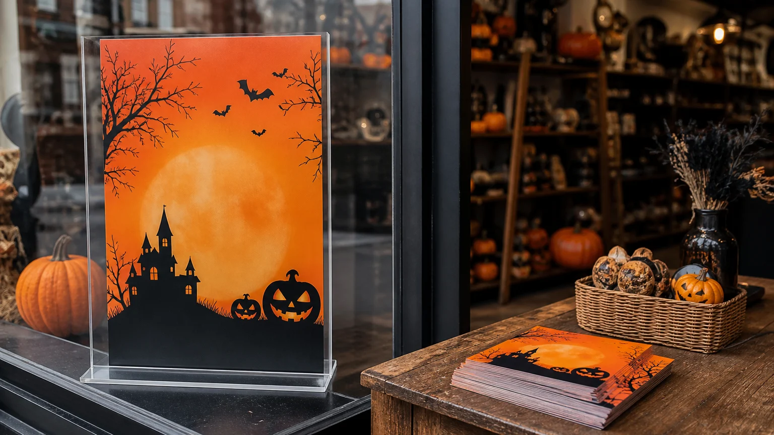 Halloween promotional flyers for shops displayed in a retail window and on a counter