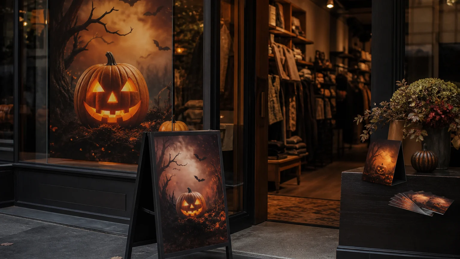 Coordinated Halloween promotional printing across a shop window, A-frame and counter display