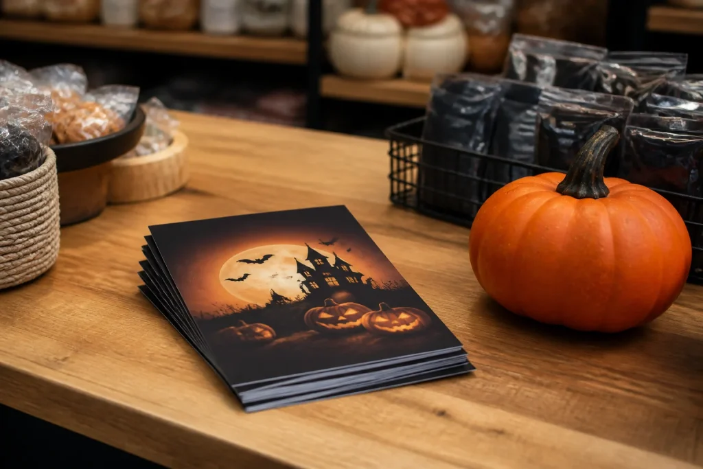 Matching Halloween promotional flyers placed on a shop counter
