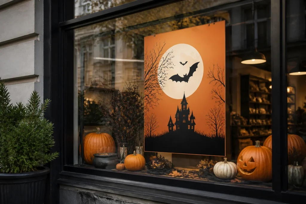Halloween shop window flyer with a clear seasonal promotion layout for Halloween promotional flyers for shops.