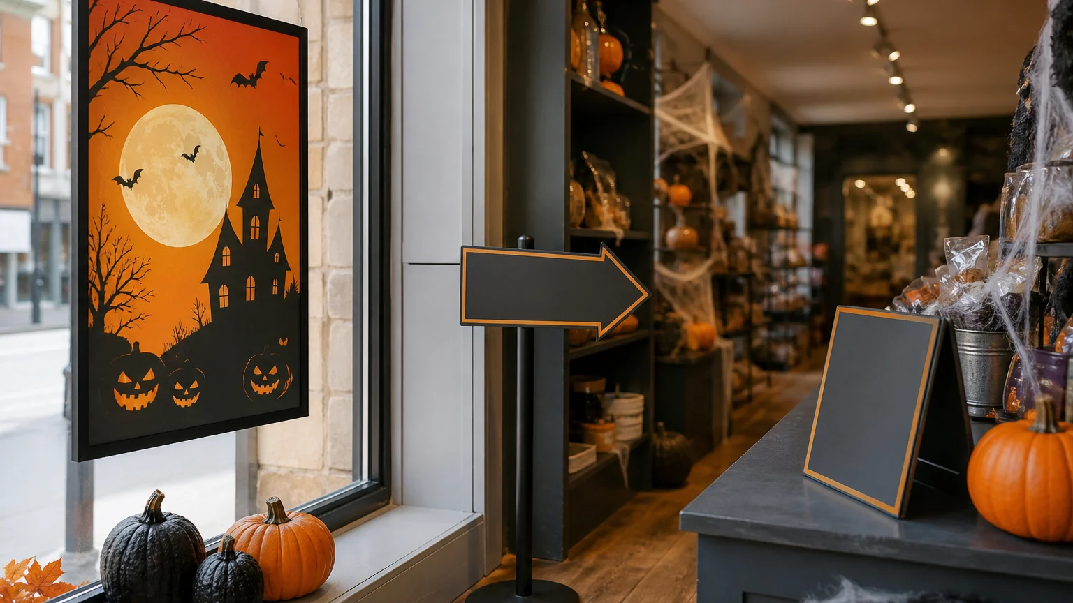 Halloween signage in a decorated shop with separate promotional, directional and information displays