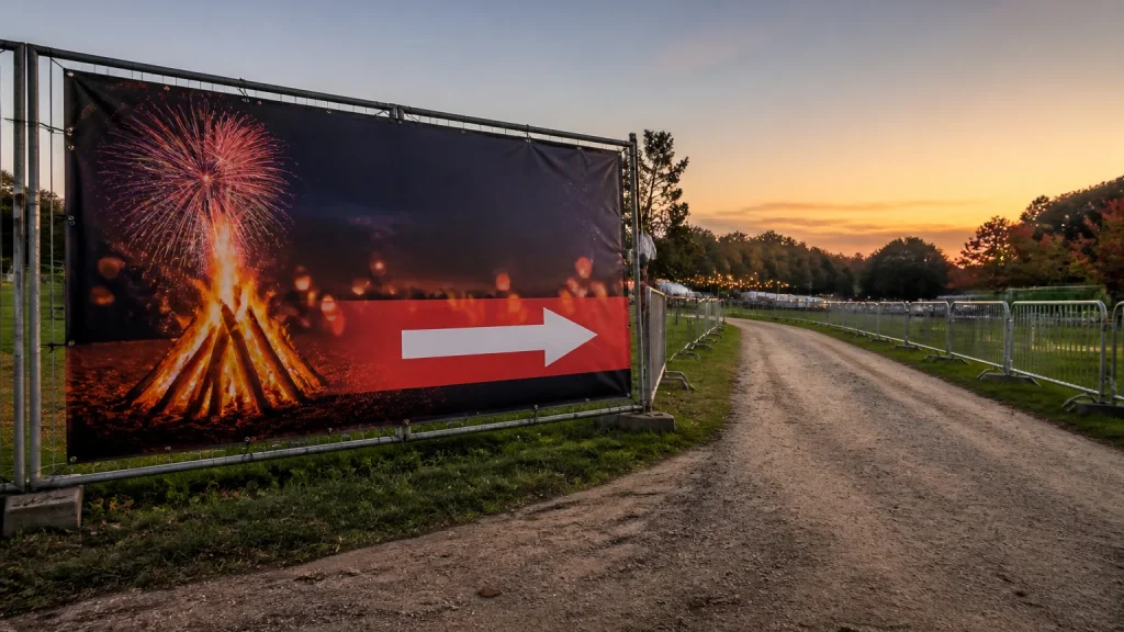Large Bonfire Night banner positioned beside an outdoor event entrance