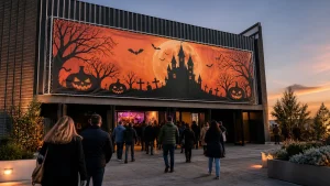 Large Halloween banner above a busy venue entrance