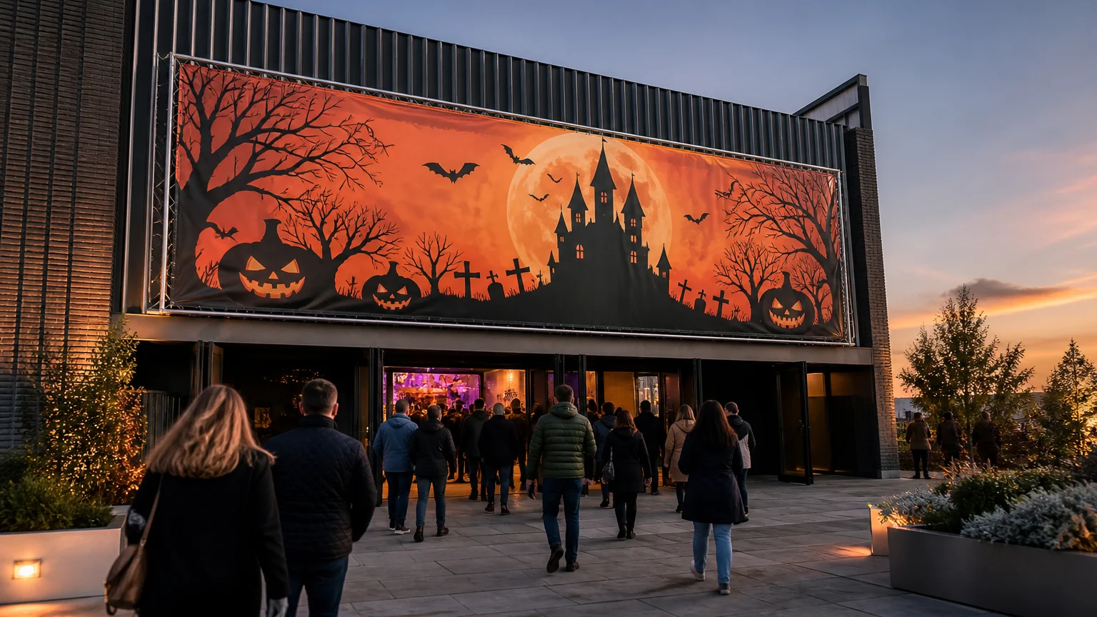 Large Halloween banner above a busy venue entrance