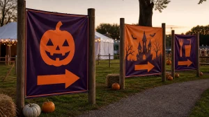 Outdoor Halloween banner printing displays marking separate event zones at dusk